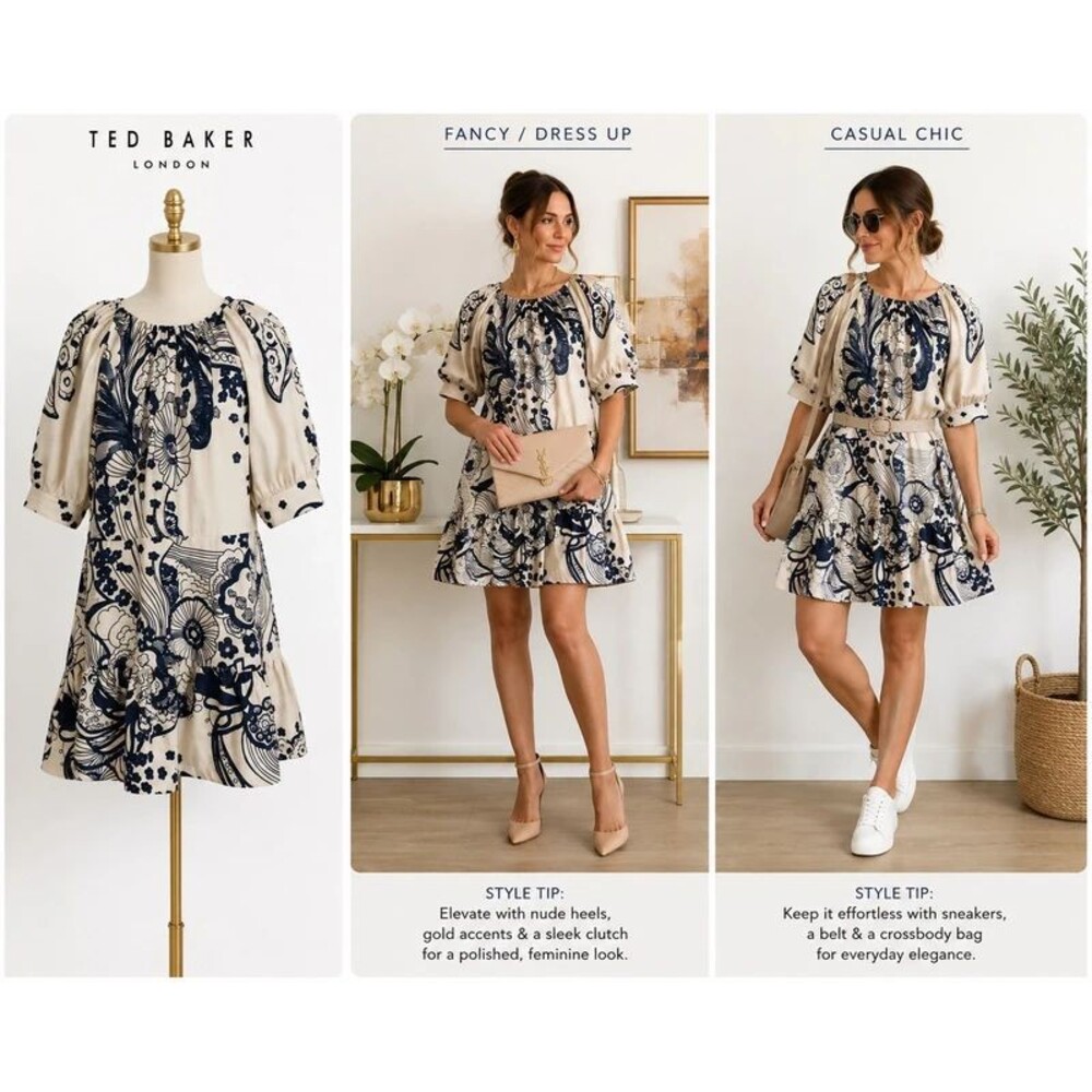 Ted Baker London Cream & Navy Floral Sequin Puff Sleeve Dress – Size 4